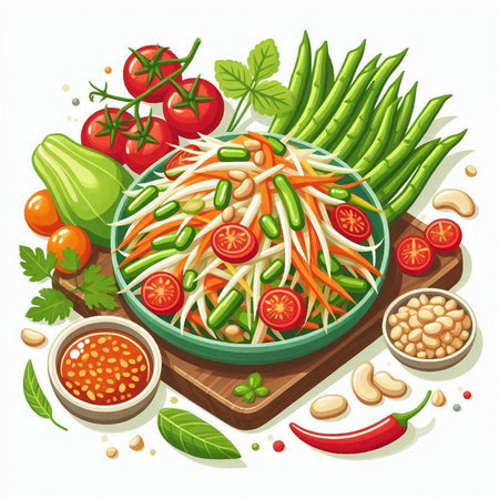 Papaya salad in a bowl with vegetables. Vector illustration.のイラスト素材