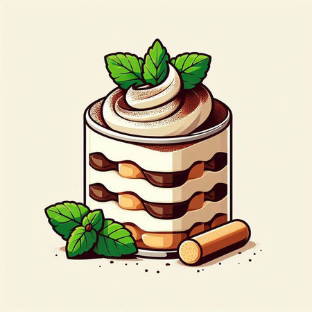 Tiramisu cake with whipped cream and mint leaves. Vector illustration.のイラスト素材