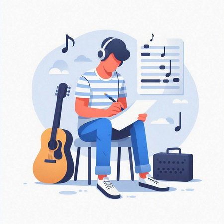 Musician character with guitar and notes. Vector illustration in flat styleのイラスト素材