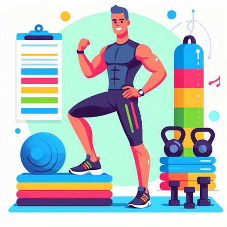 Fitness man in sportswear with dumbbells and barbells vector illustrationのイラスト素材