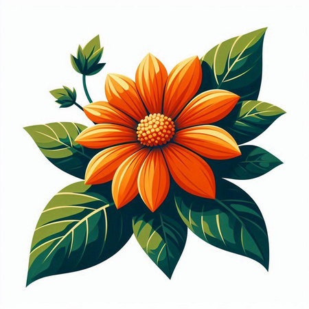Orange flower with green leaves isolated on white background. Vector illustration.のイラスト素材