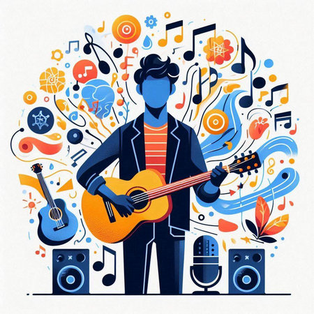 Musician with guitar and musical instruments. Vector illustration in sketch styleのイラスト素材