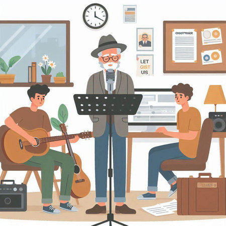 Senior man singing at home with his family, flat vector illustration.のイラスト素材
