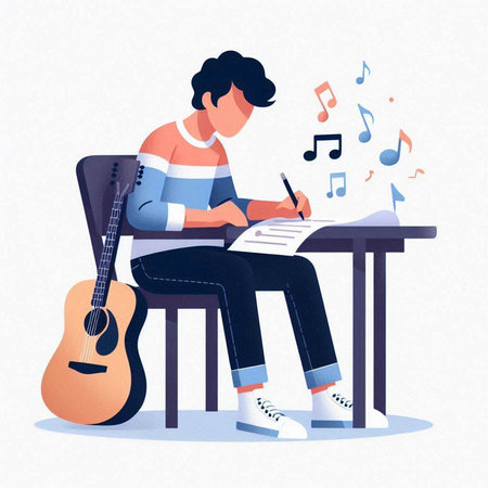 Young man sitting at a table with guitar and writing notes. Flat vector illustration.のイラスト素材