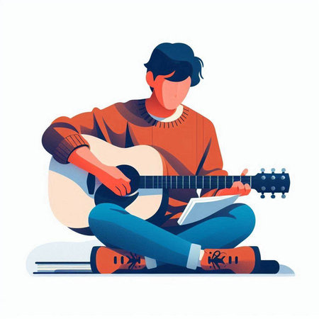 Young man playing acoustic guitar sitting on the floor. Vector illustration.のイラスト素材