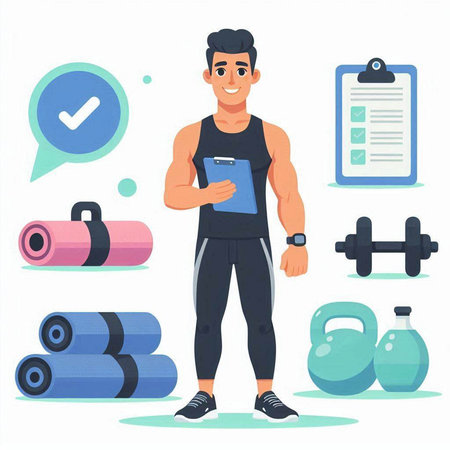 Fitness man with clipboard and sport equipment. Vector illustration in cartoon styleのイラスト素材