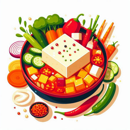 Vegetable soup with tofu in a bowl. Vector illustration.のイラスト素材