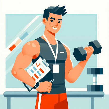 Fitness man working out with dumbbells in gym, vector illustrationのイラスト素材