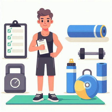 Vector illustration of a man with a clipboard, dumbbells, sports equipment.のイラスト素材
