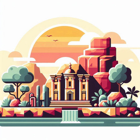 Landscape of ancient temple in flat style. Vector illustration for poster, banner, placard, brochureのイラスト素材