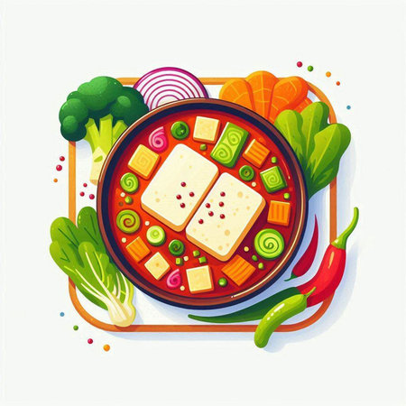 Vegetable soup with tofu and vegetables. Vector illustration in cartoon style.のイラスト素材