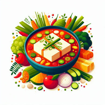 Vegetable soup with tofu in bowl. Healthy food vector illustrationのイラスト素材