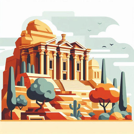 Flat design vector illustration of ancient temple in modern style. Travel concept.のイラスト素材