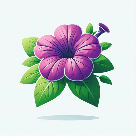 Illustration of a purple flower with green leaves on a white backgroundのイラスト素材