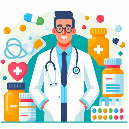 Doctor with stethoscope and pills. Vector flat cartoon illustration.のイラスト素材