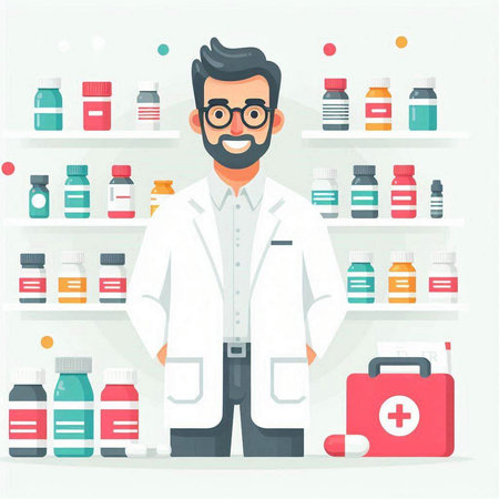 Pharmacist standing in front of shelves with medicines. Vector flat illustrationのイラスト素材
