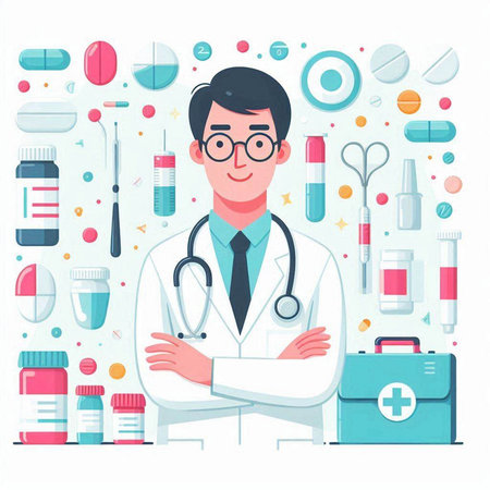 Doctor with stethoscope and medical equipment. Vector illustration in flat styleのイラスト素材