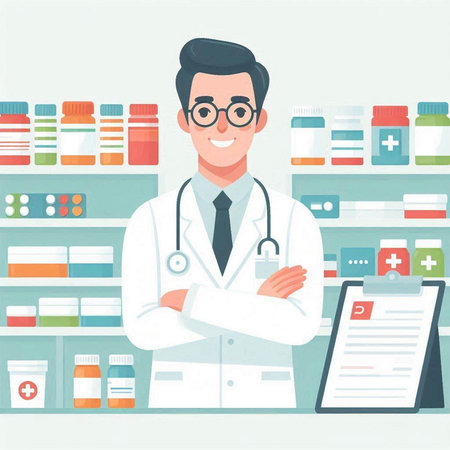Doctor standing in front of shelves with medicines. Vector illustration in flat styleのイラスト素材