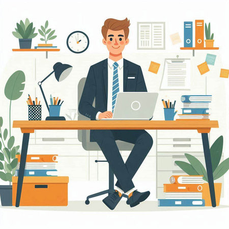 Businessman working at his desk in office. Flat style vector illustration.のイラスト素材