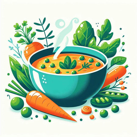 Vegetable soup in a bowl with carrots and peas. Vector illustration.のイラスト素材