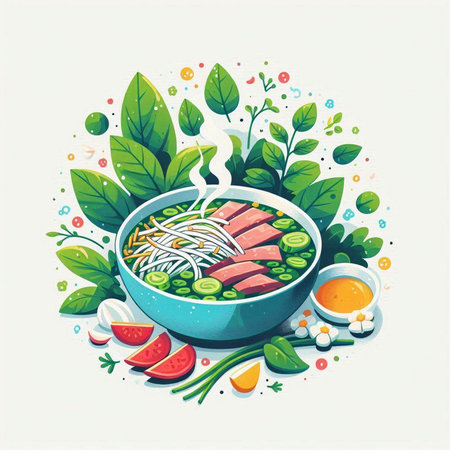 Bowl of noodle soup with vegetables and herbs. Vector illustration.のイラスト素材
