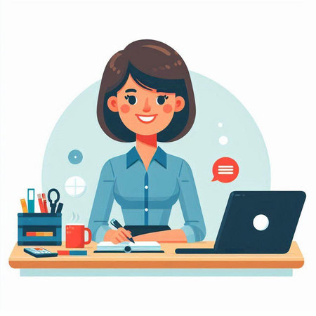 Young businesswoman working at her desk. Vector illustration in cartoon style.のイラスト素材