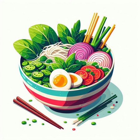 Bowl of Asian noodles with vegetables and egg. Vector illustration.のイラスト素材
