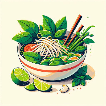 Bowl of Asian noodle soup with herbs. Vector illustration.のイラスト素材