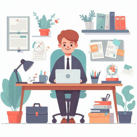 Businessman working in office. Vector illustration in flat cartoon style.のイラスト素材
