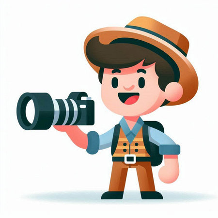 Cute cartoon photographer with camera. Vector illustration on white background.のイラスト素材
