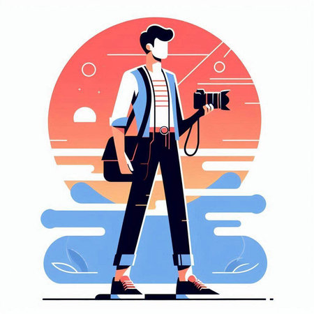 Photographer. Vector illustration in flat style. Man with a camera in his hands.のイラスト素材
