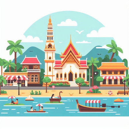 Thai temple on the river. Vector illustration in flat style.のイラスト素材