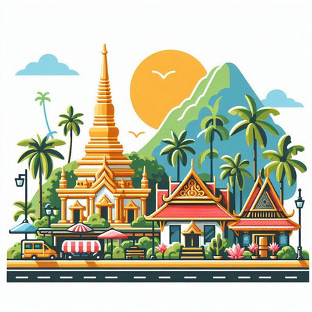 Thai temple with palms and mountains in the background, vector illustrationのイラスト素材