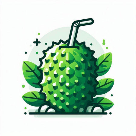 Soursop fruit with green leaves and drinking straw. Vector illustration.のイラスト素材