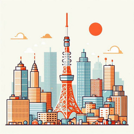 Tokyo tower. Modern city landscape. Vector illustration in flat styleのイラスト素材