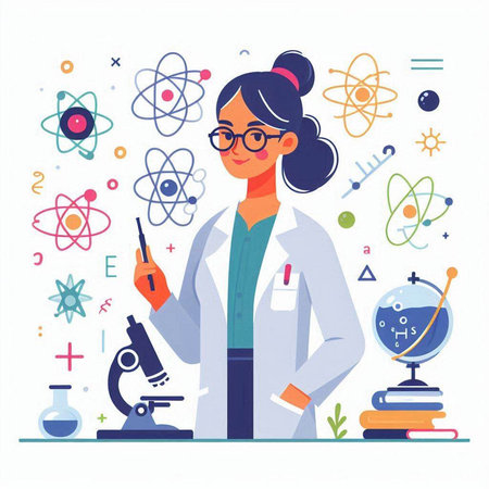 Scientist woman in lab coat and glasses. Vector flat cartoon illustrationのイラスト素材