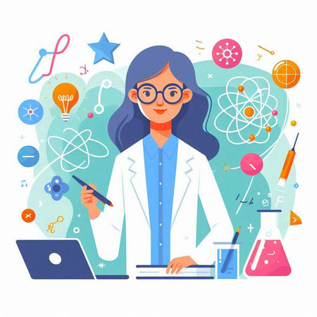 Scientist woman in lab coat working on scientific experiment. Vector flat illustrationのイラスト素材
