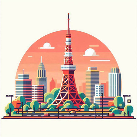 Tokyo tower in Japan. Vector illustration in flat design style.のイラスト素材