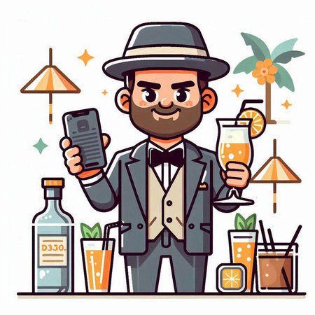 Bartender with cocktail and smartphone. Vector illustration in cartoon styleのイラスト素材