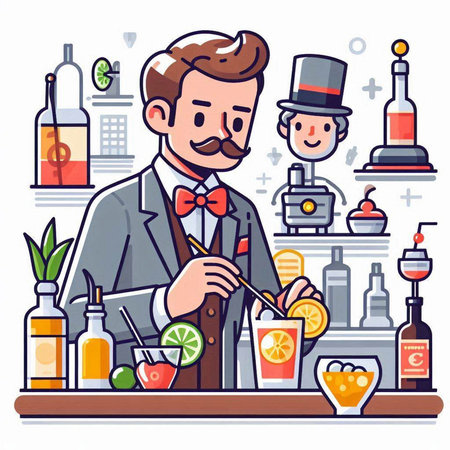 Bartender making cocktail. Colorful vector illustration in flat styleのイラスト素材