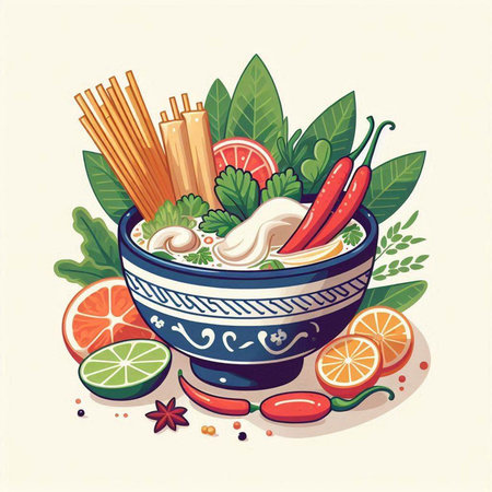 Noodle soup in bowl with ingredients for cooking, vector illustration.のイラスト素材