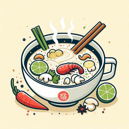 Noodles in a bowl with chopsticks and vegetables, vector illustrationのイラスト素材