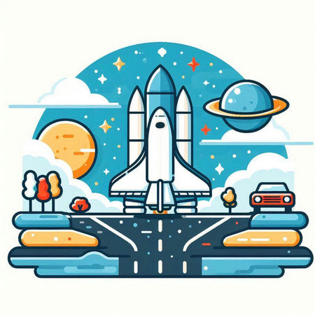 Space rocket on the runway. Vector illustration in flat linear style.のイラスト素材