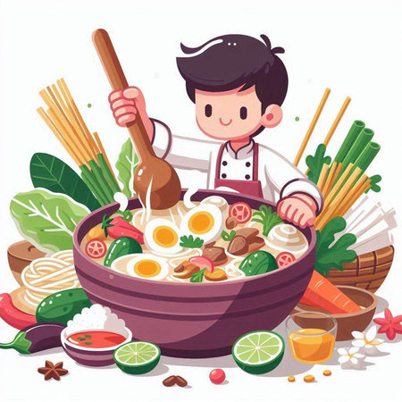 Cartoon vector illustration of a boy chef cooking noodle soup.のイラスト素材