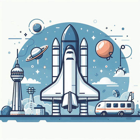 Space travel background. Vector illustration in flat linear style. Planets, rocket, spaceship, shuttle and other elements.のイラスト素材