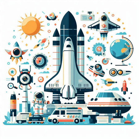 Space exploration concept with rocket, spaceship, astronaut, shuttle, solar panels and other objects. Vector illustration.のイラスト素材