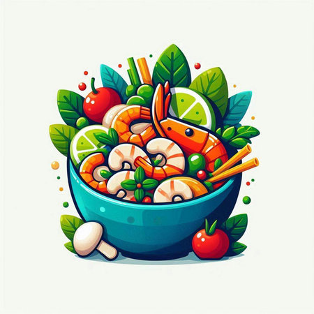 Vector illustration of a bowl of shrimp salad with mushrooms and vegetables.のイラスト素材