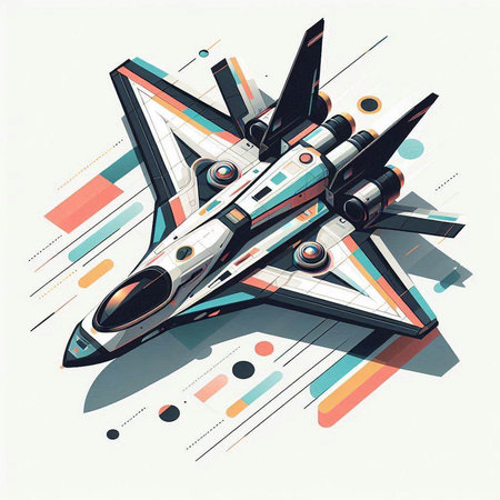 Futuristic fighter jet on abstract background. Vector illustration in retro style.のイラスト素材