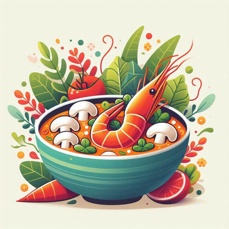 Seafood soup with shrimps and mushrooms in bowl. Vector illustration.のイラスト素材