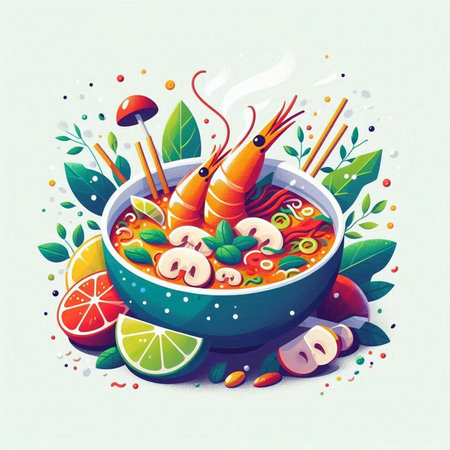 Bowl of spicy soup with shrimps and vegetables. Vector illustration.のイラスト素材